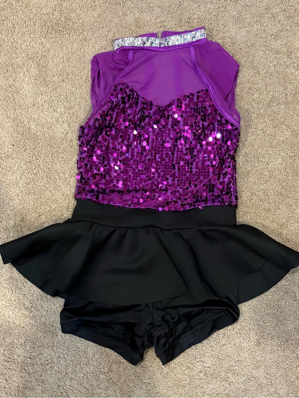 Kids Purple Sequin Dance Costume with Black Skirt